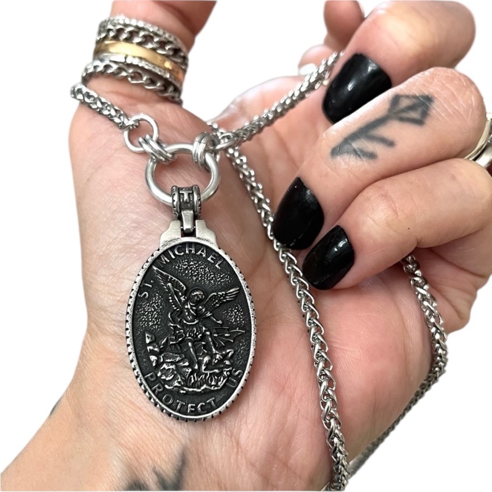 Handmade wheat chain stainless steel necklace with st Michael medal charm - Picture 2 of 13